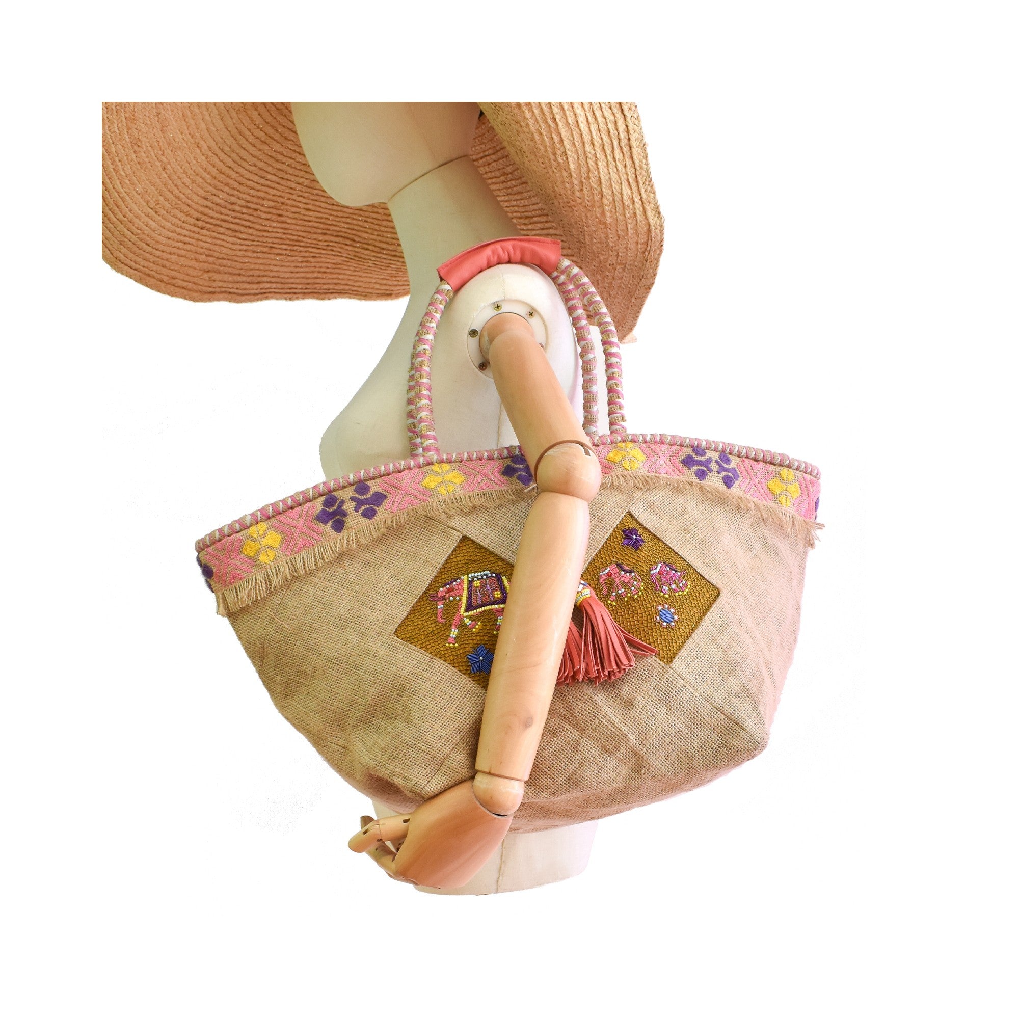 Natural jute basket bag with hand-embroidered elephant panels