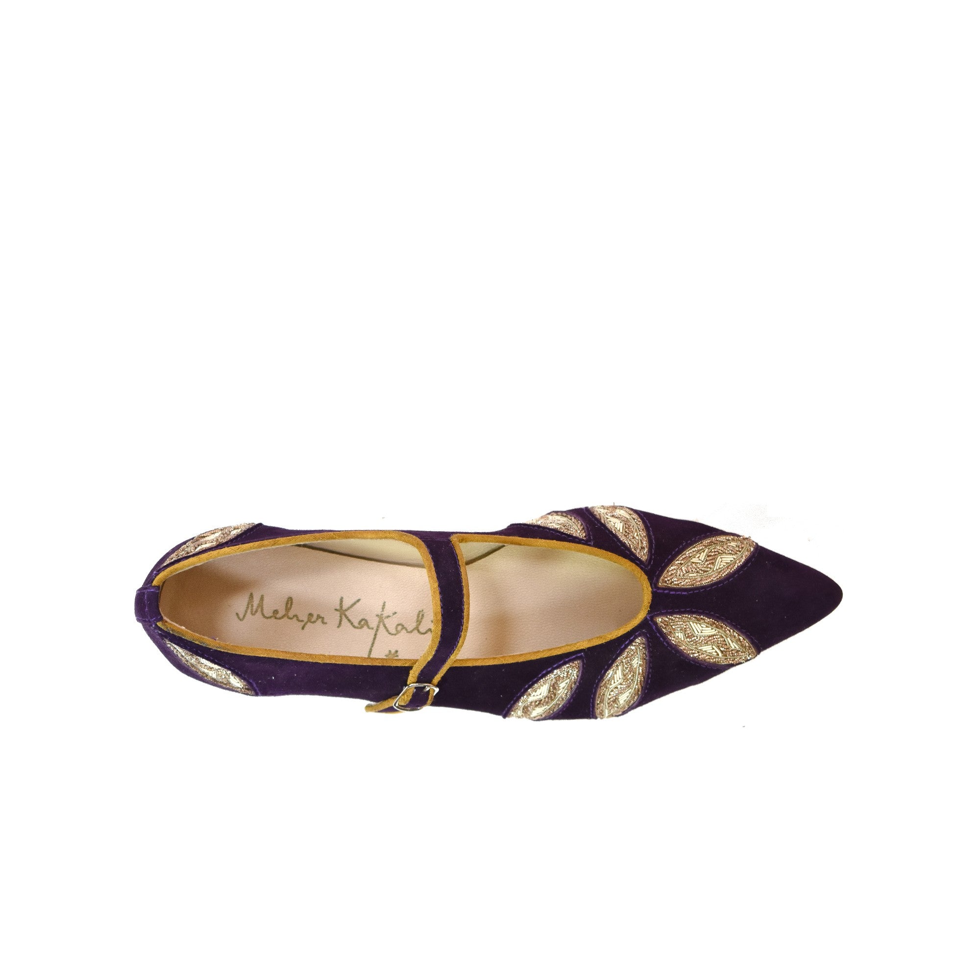Top view of Meher Kakalia purple suede Mary Jane with pointed toe and artisan embroidery
