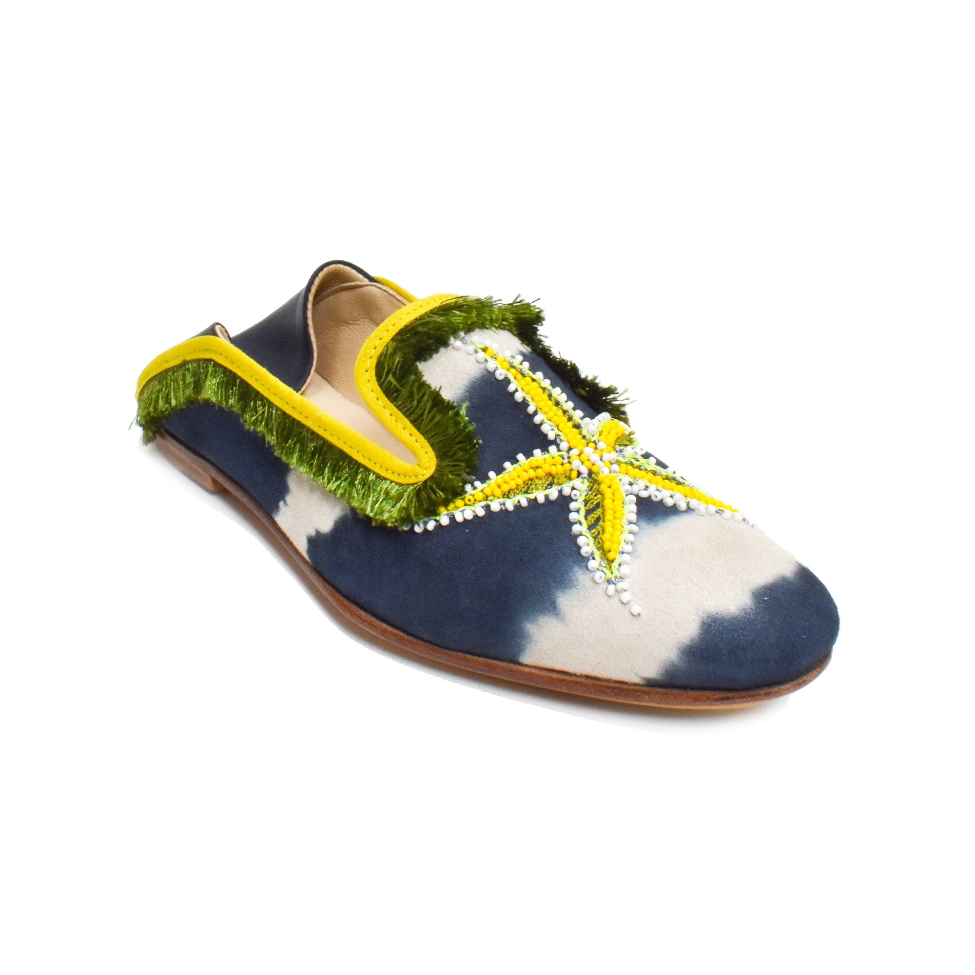 Mazu Moccasins by Meher Kakalia, crafted from eco-friendly suede leather with unique starfish motifs for a luxurious look.