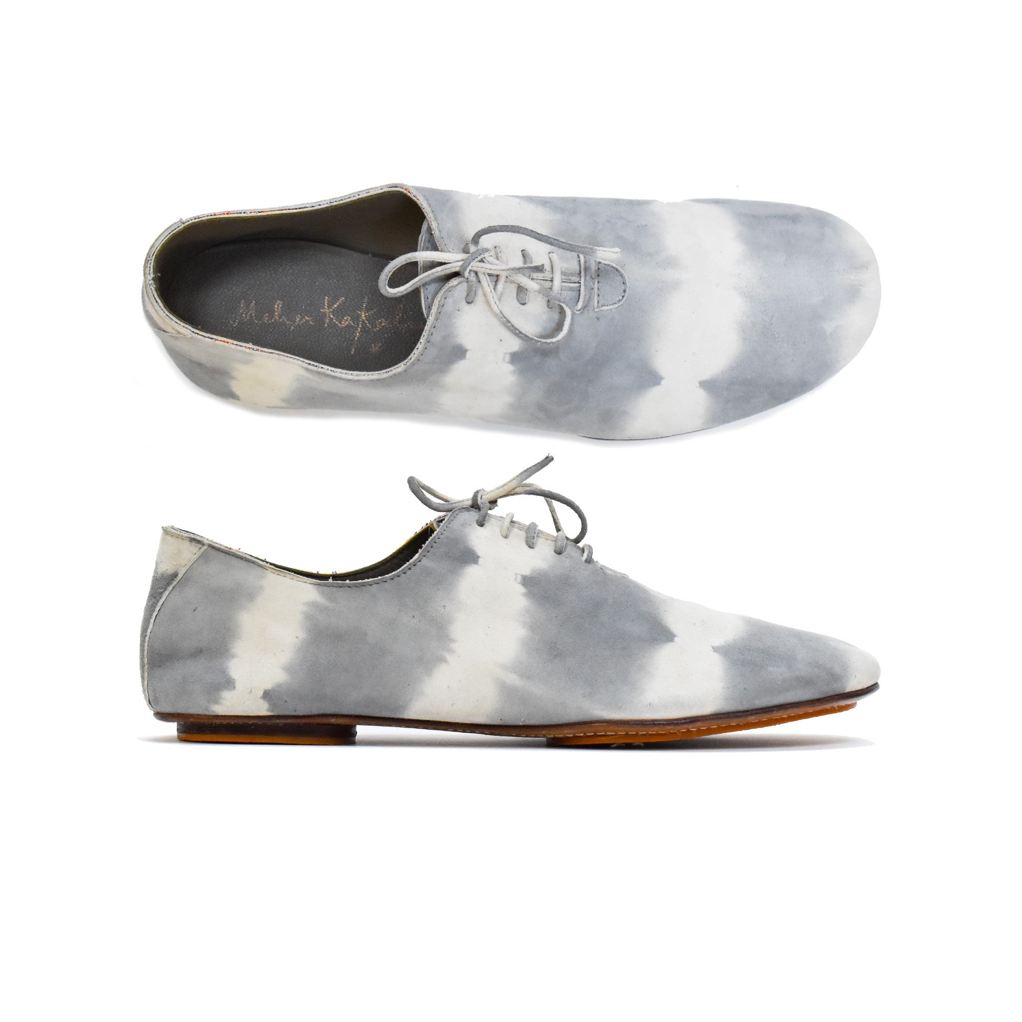 Lightweight grey tie-dye lace-up shoe, profile and top view