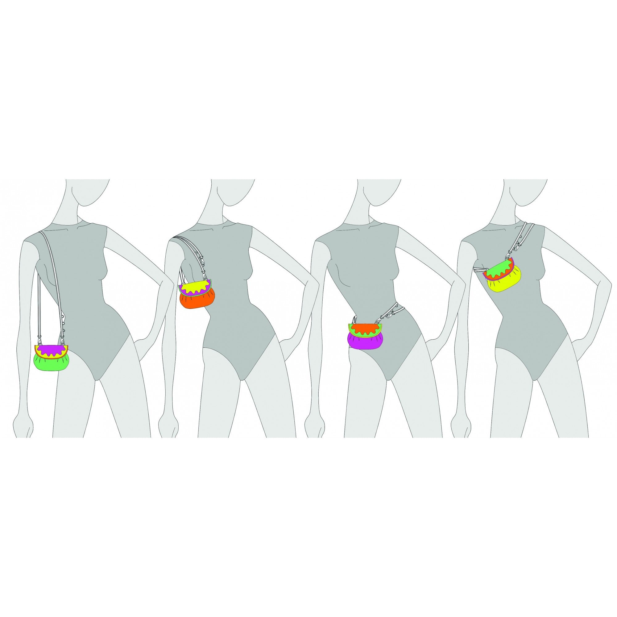 Mini accordion bag wearing options illustration: shoulder, waist and crossbody