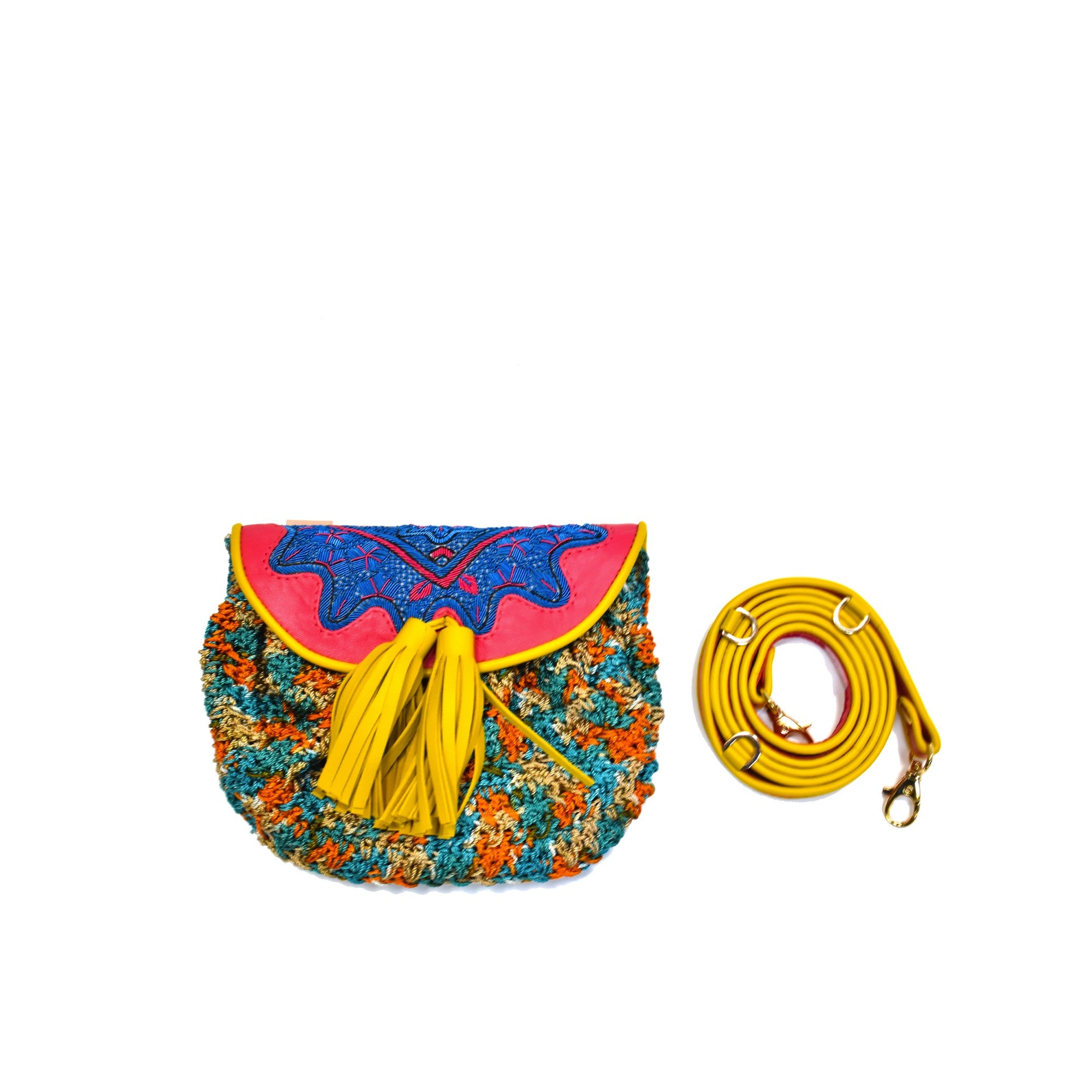 Meher Kakalia Bag with rainbow crochet, hand embroidery, and an adjustable strap for crossbody or belt bag styling.