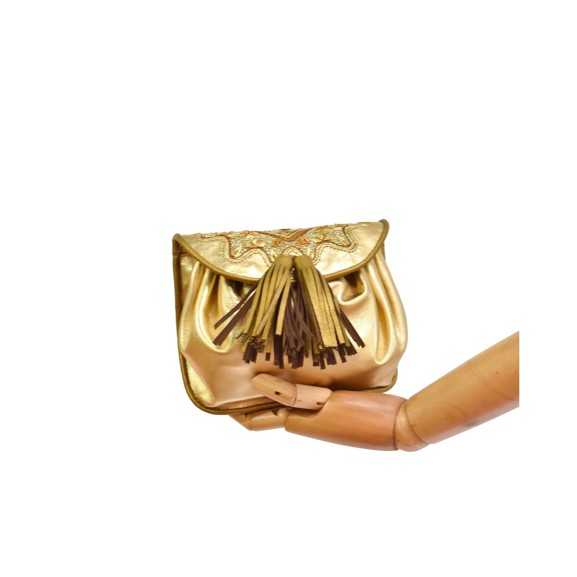 Women’s metallic leather waist bag in gold with adjustable strap.