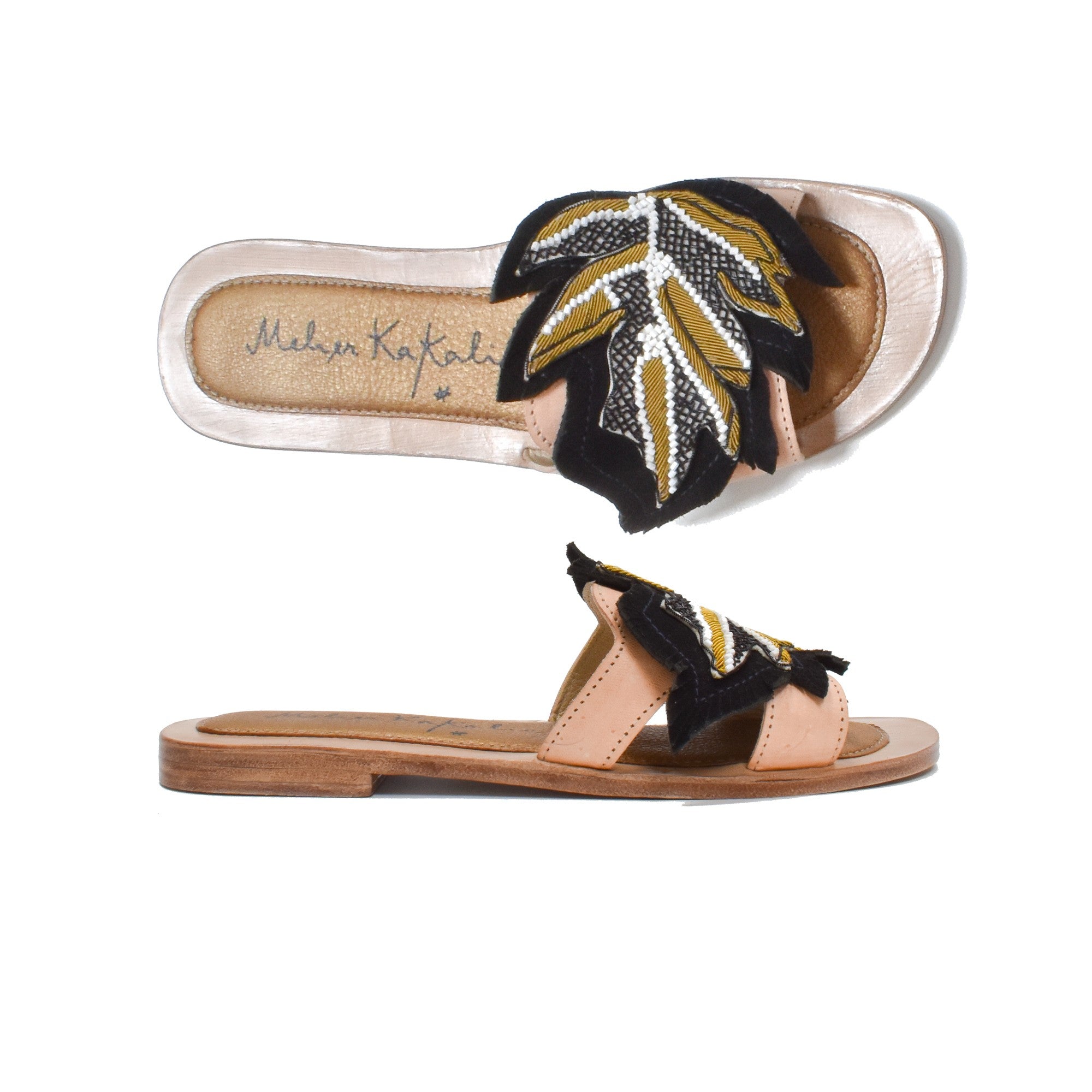 Meher Kakalia Palm Gobi Slide, handcrafted calf leather sandals with embroidered palm leaf motif in dapka technique.