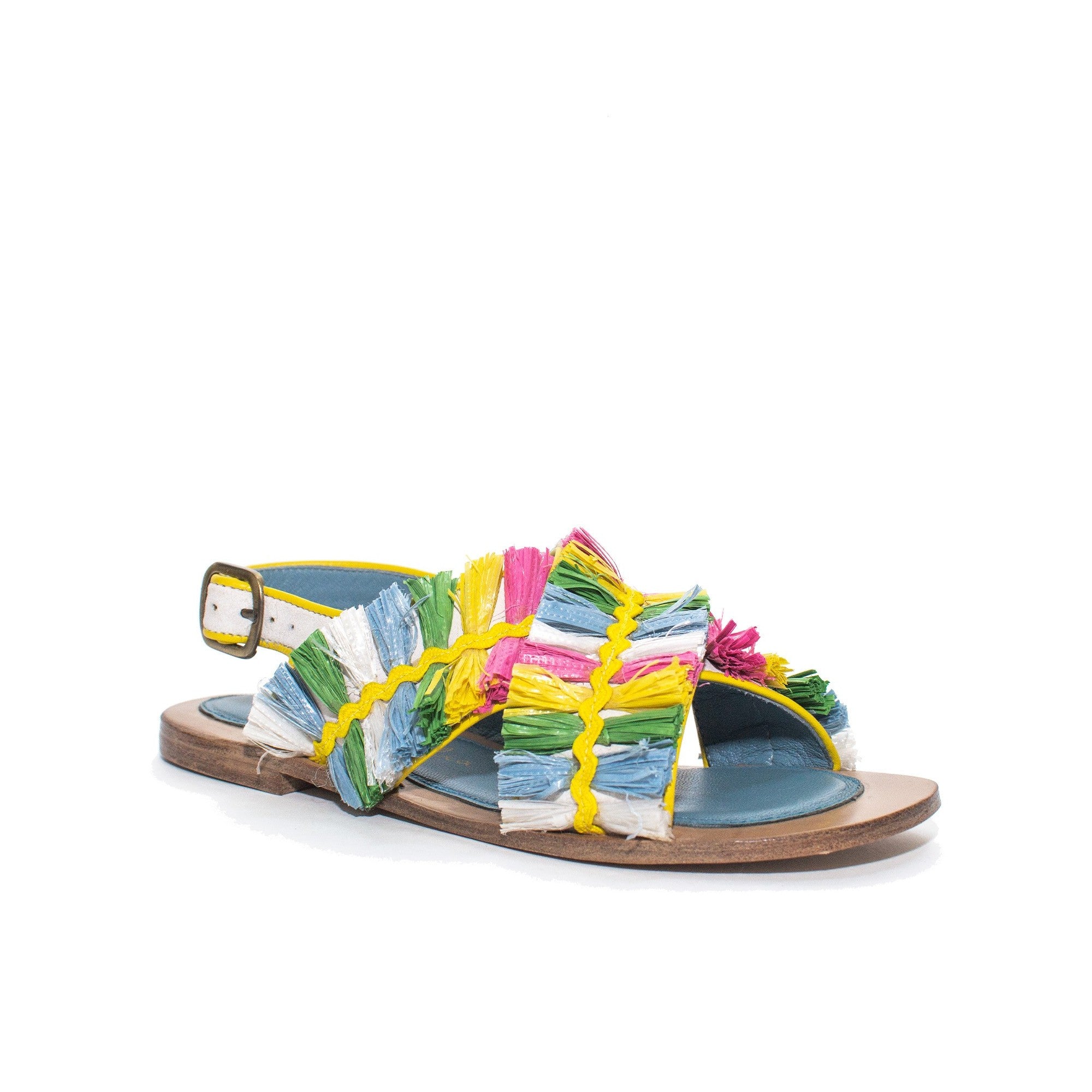 Colourful flat wedding shoes with recycled raffia, perfect for gay brides or pride events.