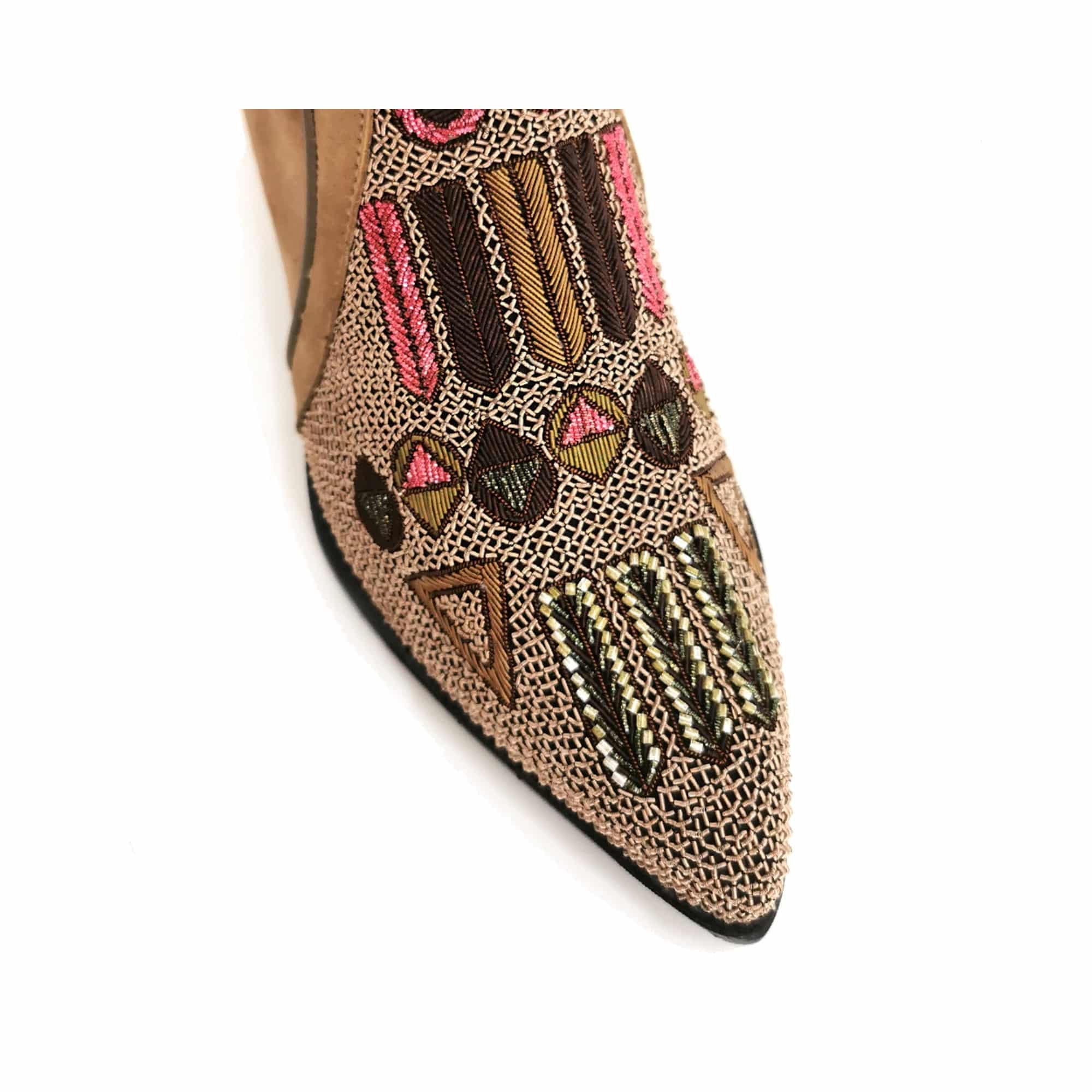 Close-up of Mughal dabka embroidery in pink, olive and brown on mesh base