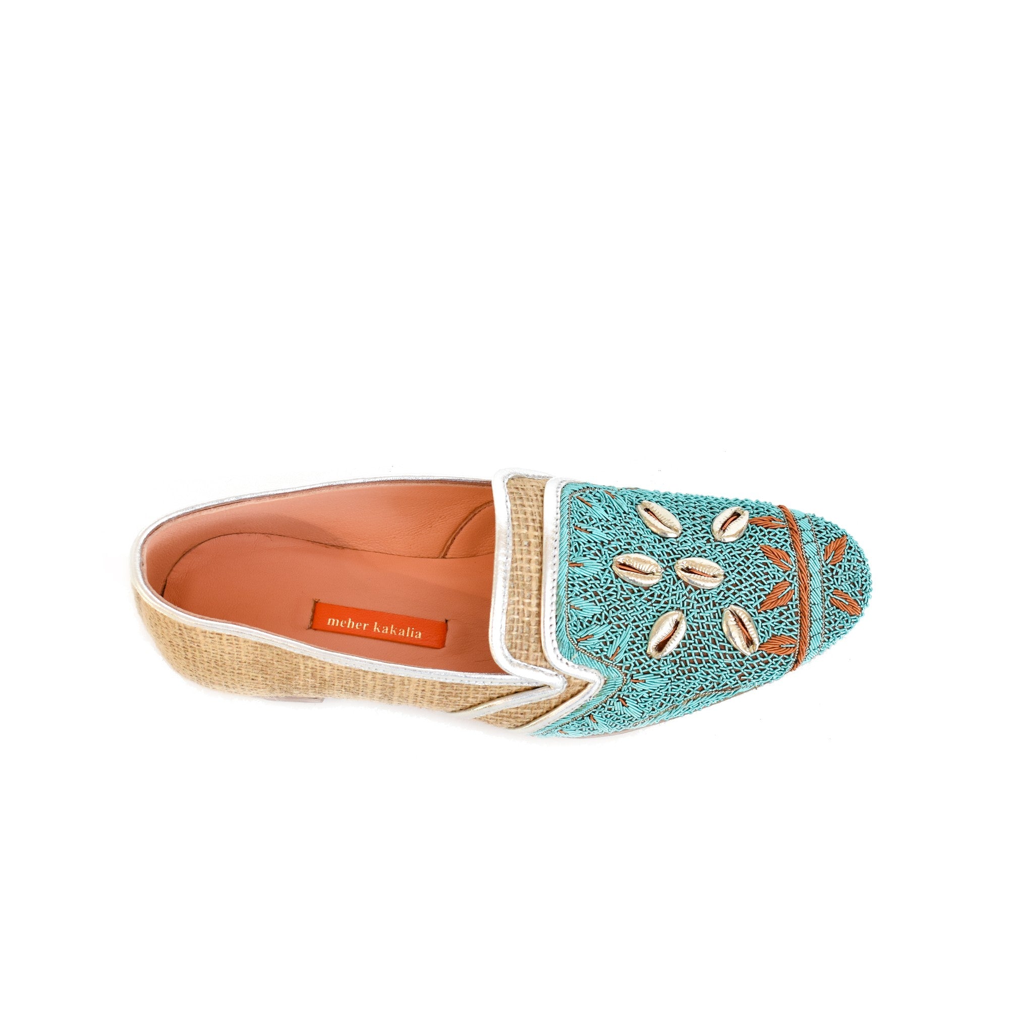 Meher Kakalia jute moccasins with dapka embroidery and cowrie shells, ideal as elegant house shoes or for summer wear