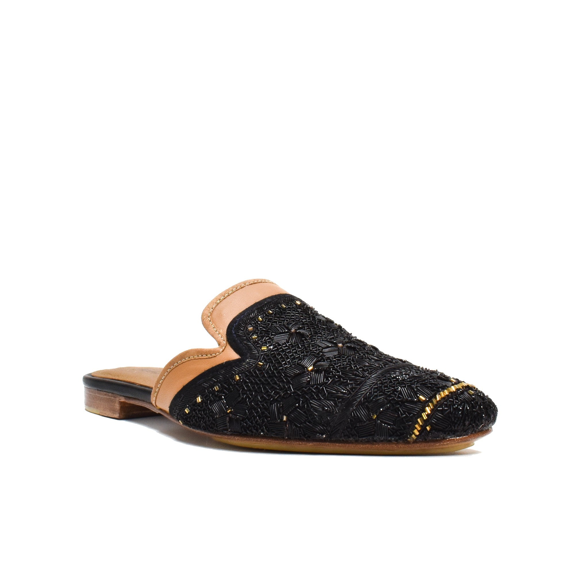 Meher Kakalia camel and black hand-embroidered slippers – angled view
