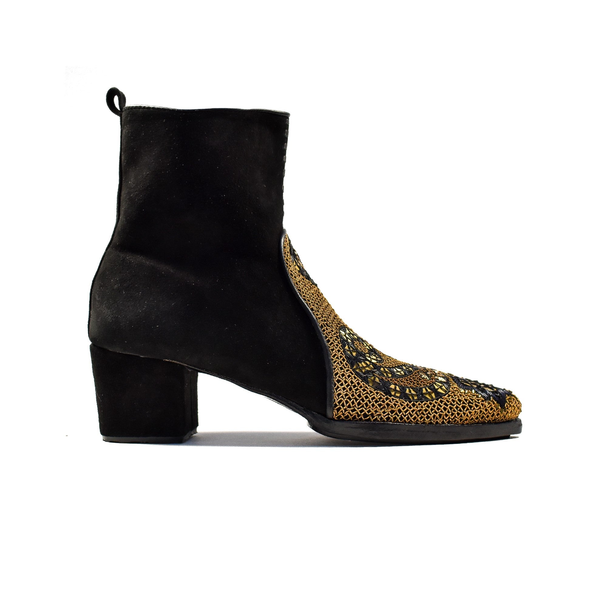 Queen Phyllis Boot – black suede ankle boots with gold paisley coil embroidery, side view