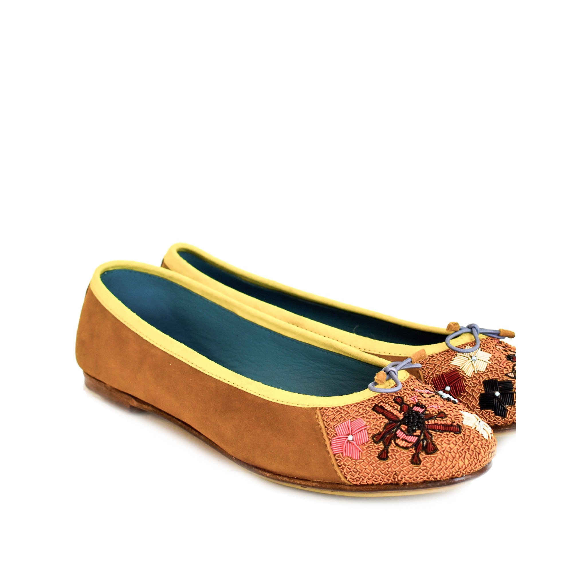Queen Potnia Ballet in soft brown leather with unique hand-embroidery, a sustainable and stylish choice for everyday wear.