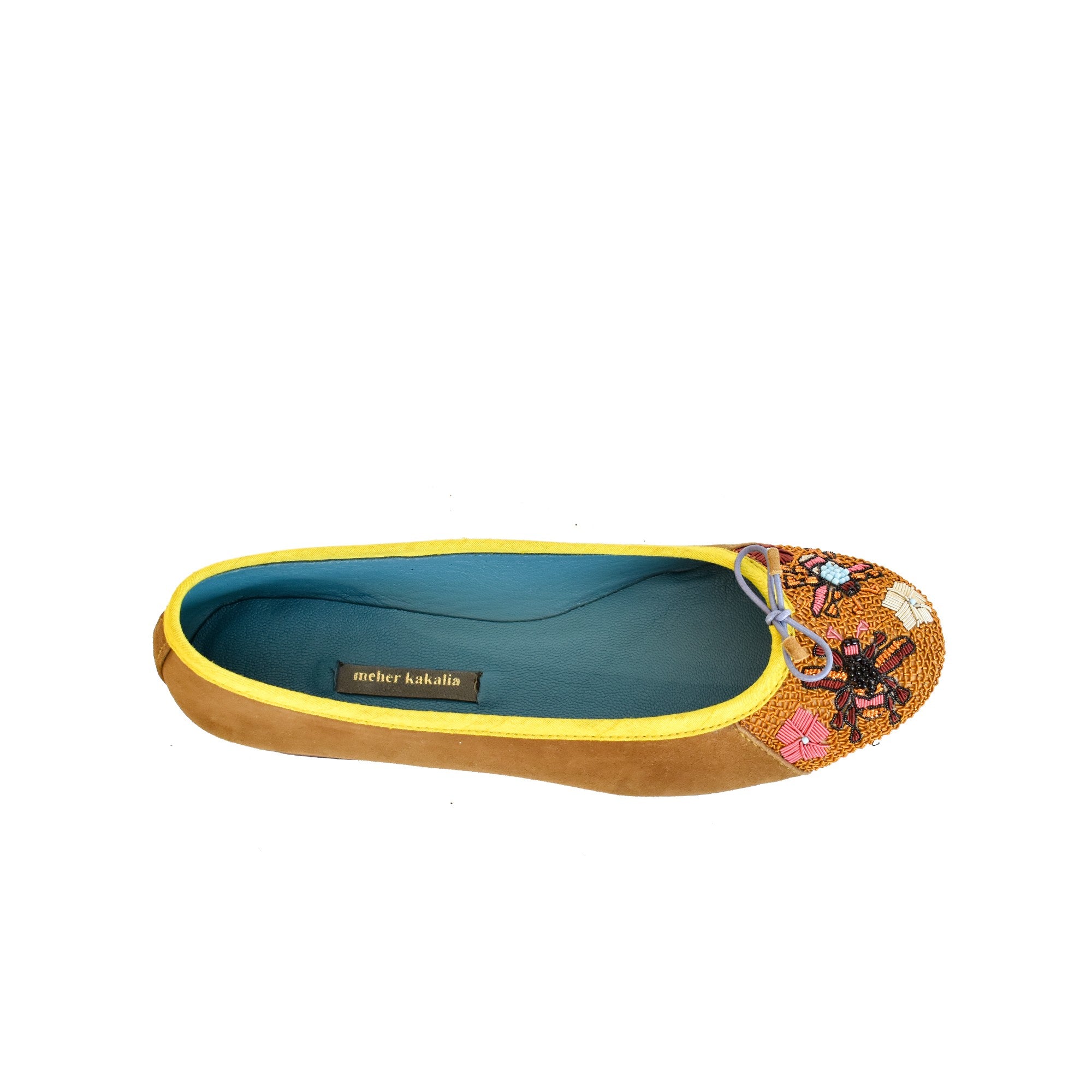 Comfortable and eco-friendly Queen Potnia Ballet flats in beige suede, featuring hand-embroidered bees and flowers.