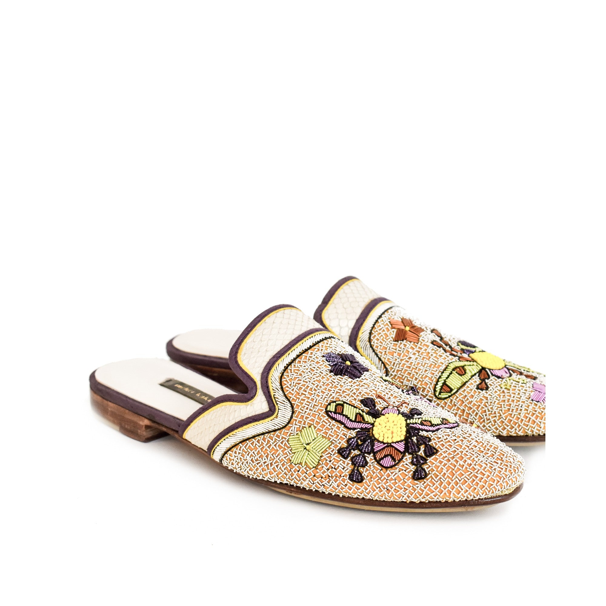 Potnia Mule in eco leather, hand embroidered with bee and floral designs, a perfect pair for summer dresses.