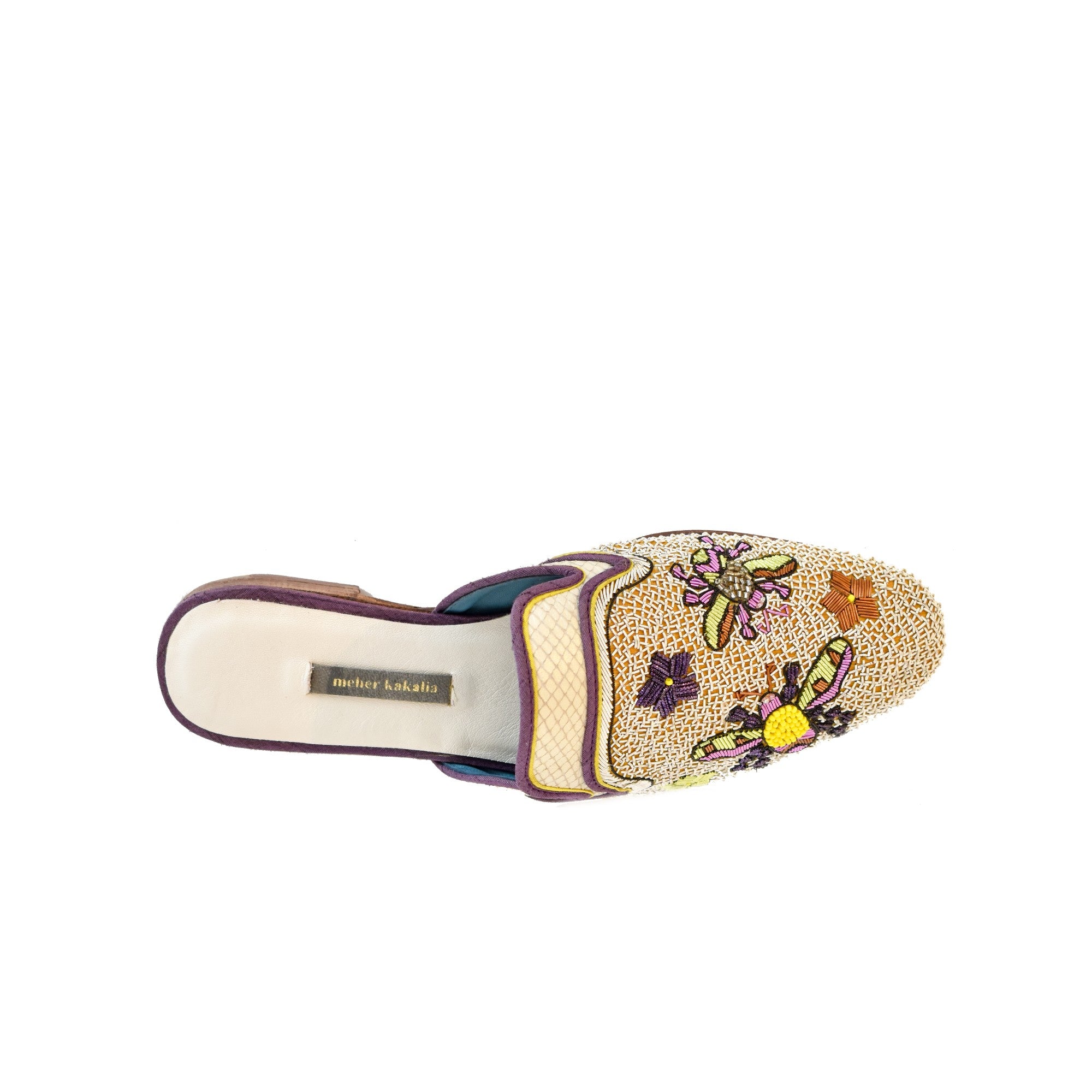 Potnia Slipper by Meher Kakalia, eco leather mule with hand embroidery. Stylish and unique sustainable footwear.