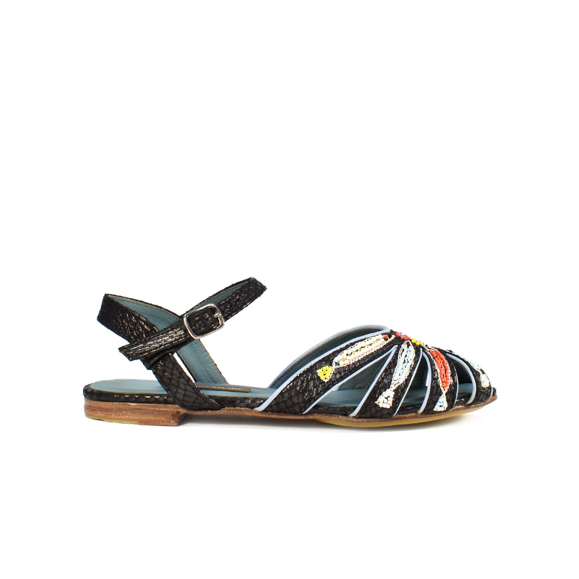 Handcrafted TAVIRA SANDAL magma black, featuring fish embroidery and exotic snake leather – perfect for sunny holidays.