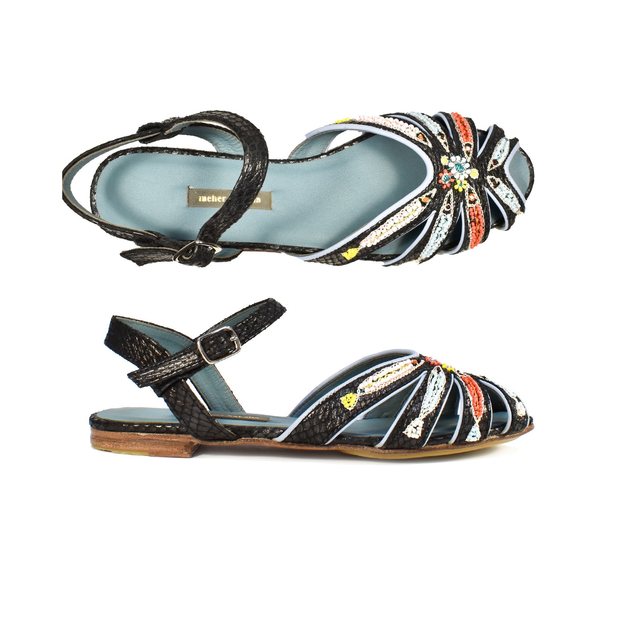 Meher Kakalia sandals, hand embroidered with fish motifs in black, perfect for your next summer getaway.
