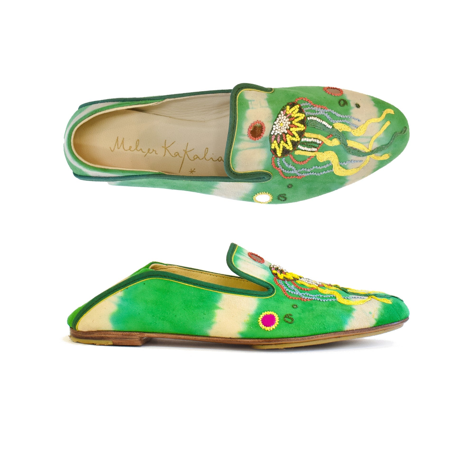 TETHYS MOCCASIN green tie-dye suede moccasins | Meher Kakalia